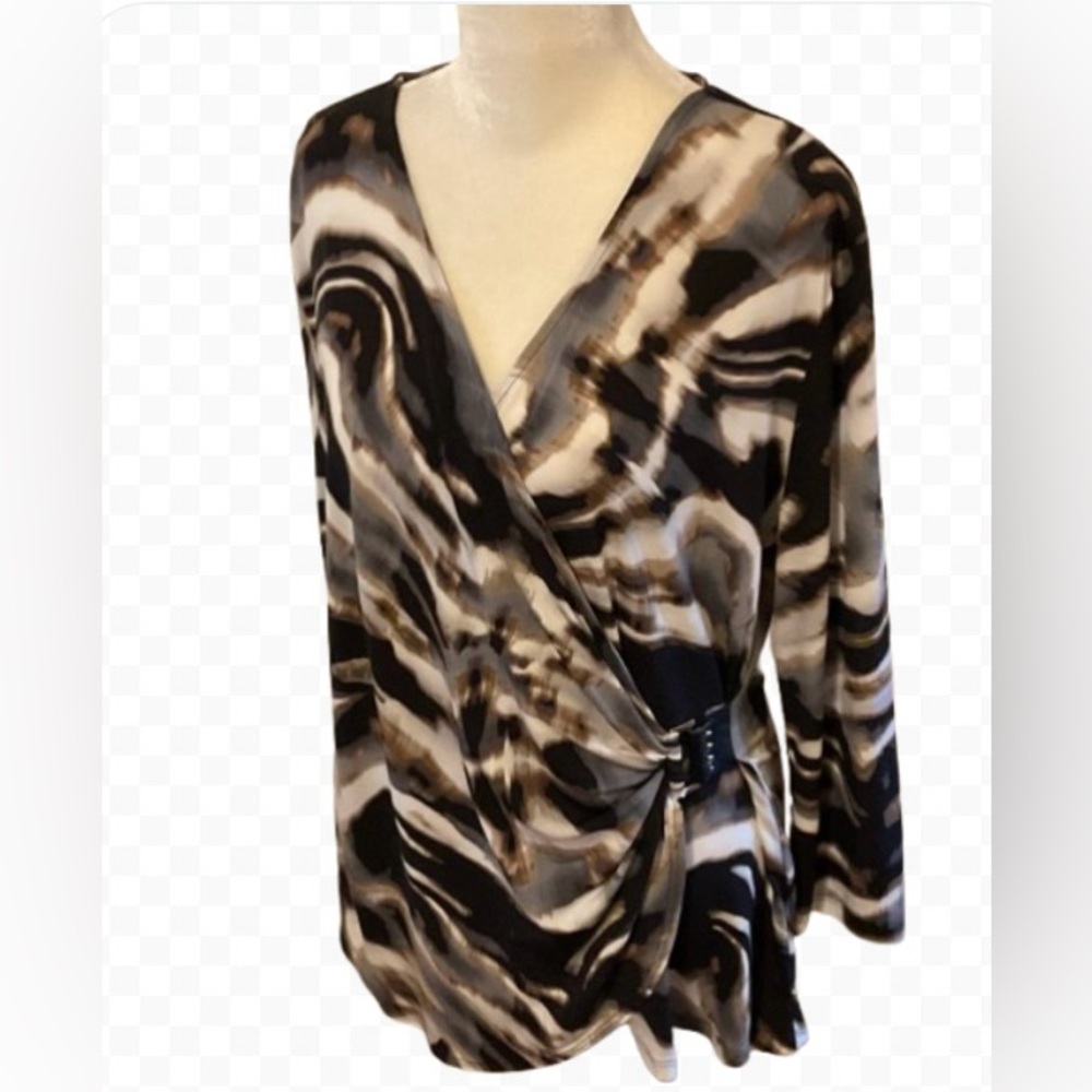 Calvin Klein Animal Print Abstract Draped Ruched Embellished Top Sz L
